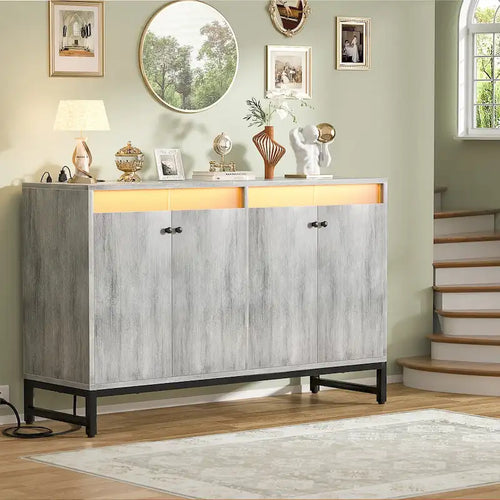 Meuble d'appoint à 4 portes avec prise électrique, buffet/bar avec éclairage LED