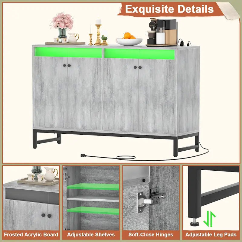 Meuble d'appoint à 4 portes avec prise électrique, buffet/bar avec éclairage LED