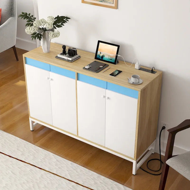 Meuble d'appoint à 4 portes avec prise électrique, buffet/bar avec éclairage LED