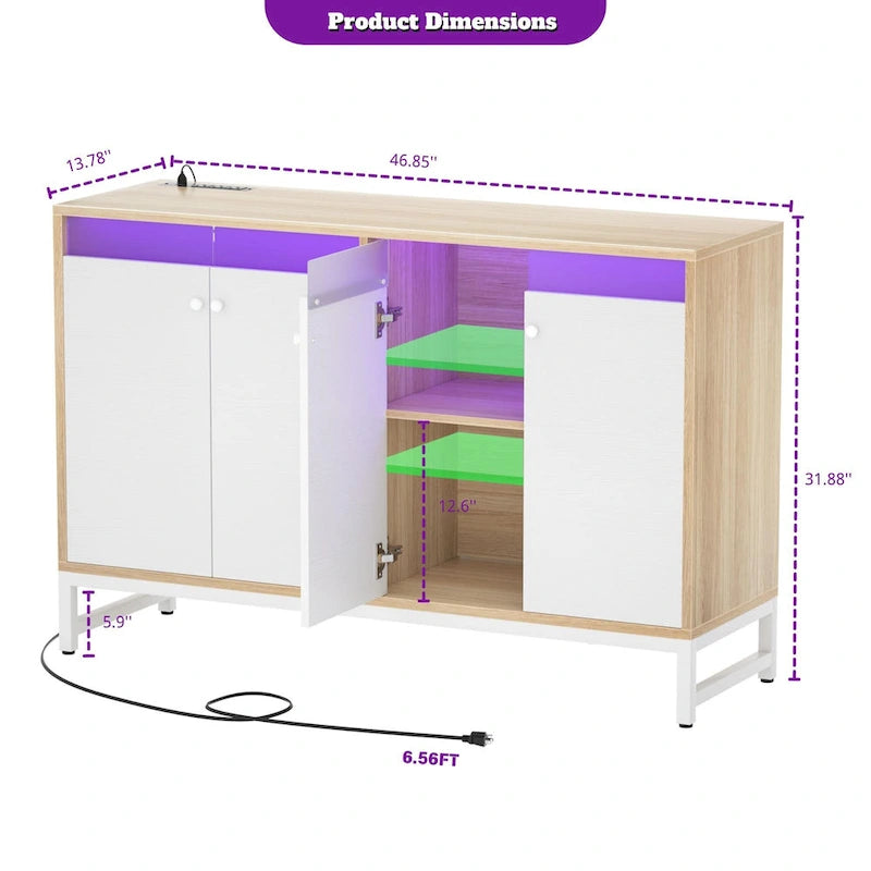 Meuble d'appoint à 4 portes avec prise électrique, buffet/bar avec éclairage LED