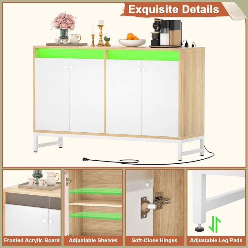 Meuble d'appoint à 4 portes avec prise électrique, buffet/bar avec éclairage LED