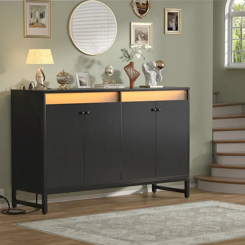 Meuble d'appoint à 4 portes avec prise électrique, buffet/bar avec éclairage LED