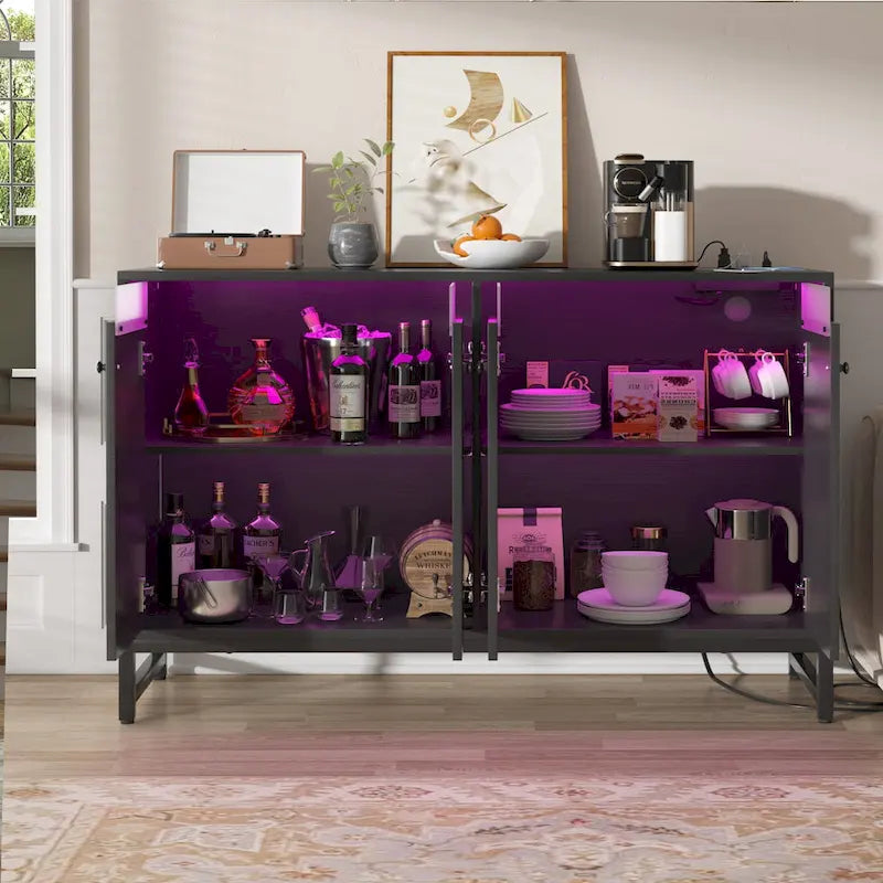 Meuble d'appoint à 4 portes avec prise électrique, buffet/bar avec éclairage LED