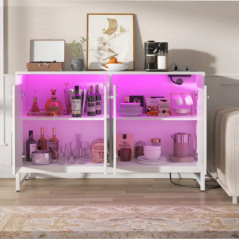 Meuble d'appoint à 4 portes avec prise électrique, buffet/bar avec éclairage LED