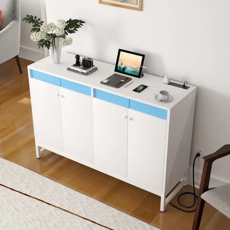 Meuble d'appoint à 4 portes avec prise électrique, buffet/bar avec éclairage LED