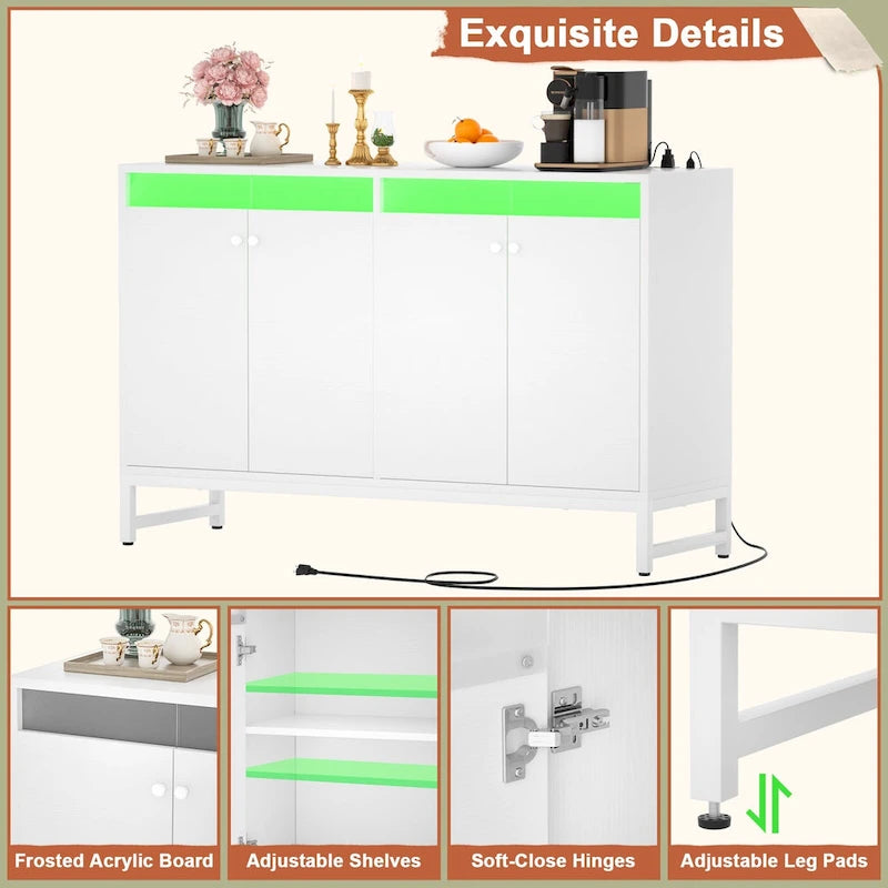 Meuble d'appoint à 4 portes avec prise électrique, buffet/bar avec éclairage LED