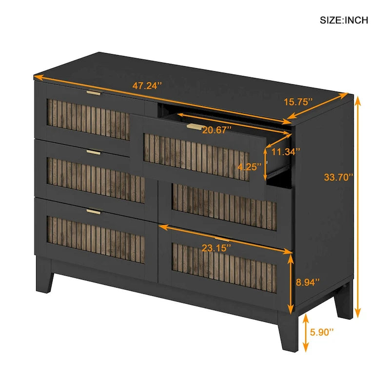 Commode rustique en bois de style campagnard avec 6 tiroirs, meuble de rangement pour chambre à coucher avec poignées en métal