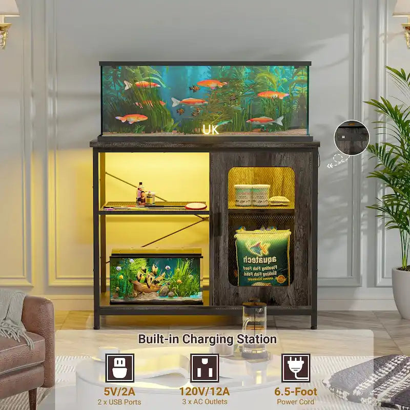 Support pour aquarium de 20 à 29 gallons avec prises électriques et éclairage LED