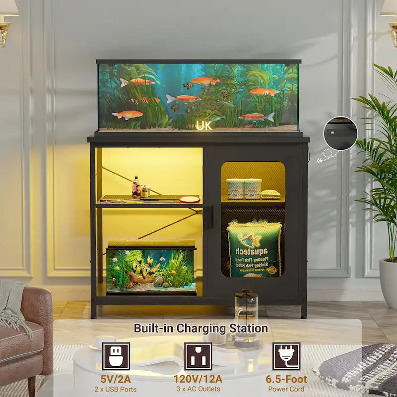 Support pour aquarium de 20 à 29 gallons avec prises électriques et éclairage LED