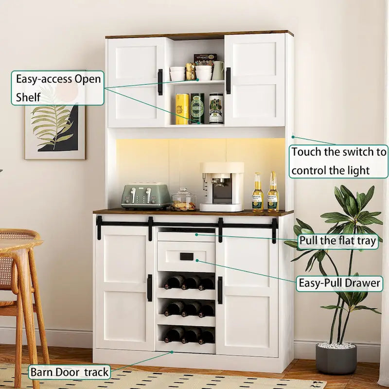 Meuble bar de style ferme avec porte coulissante de grange, grand buffet de cuisine rustique, table basse/bar, blanc