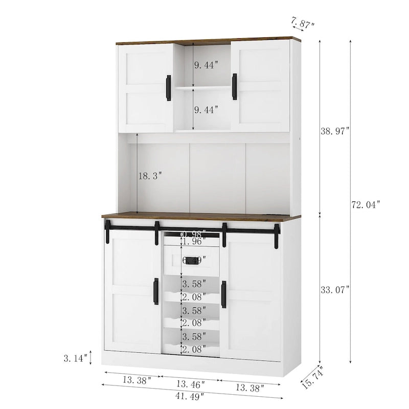 Meuble bar de style ferme avec porte coulissante de grange, grand buffet de cuisine rustique, table basse/bar, blanc