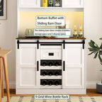 Meuble bar de style ferme avec porte coulissante de grange, grand buffet de cuisine rustique, table basse/bar, blanc