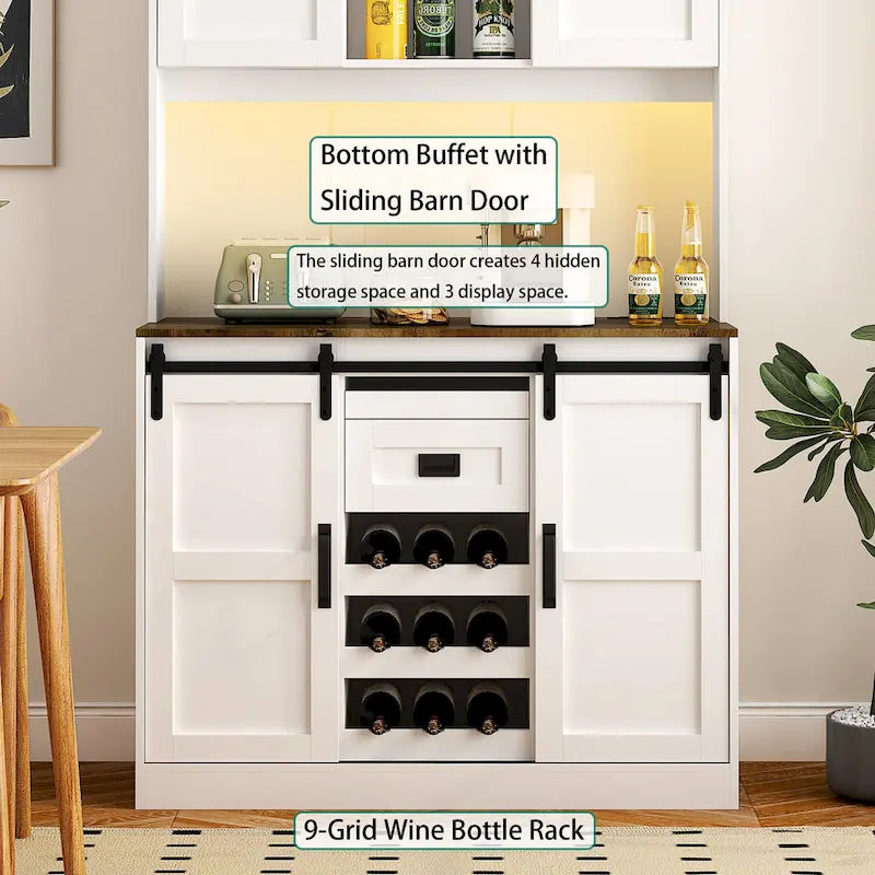 Meuble bar de style ferme avec porte coulissante de grange, grand buffet de cuisine rustique, table basse/bar, blanc