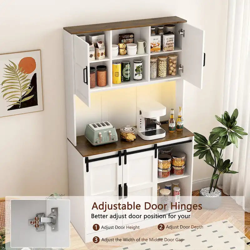 Meuble bar de style ferme avec porte coulissante de grange, grand buffet de cuisine rustique, table basse/bar, blanc