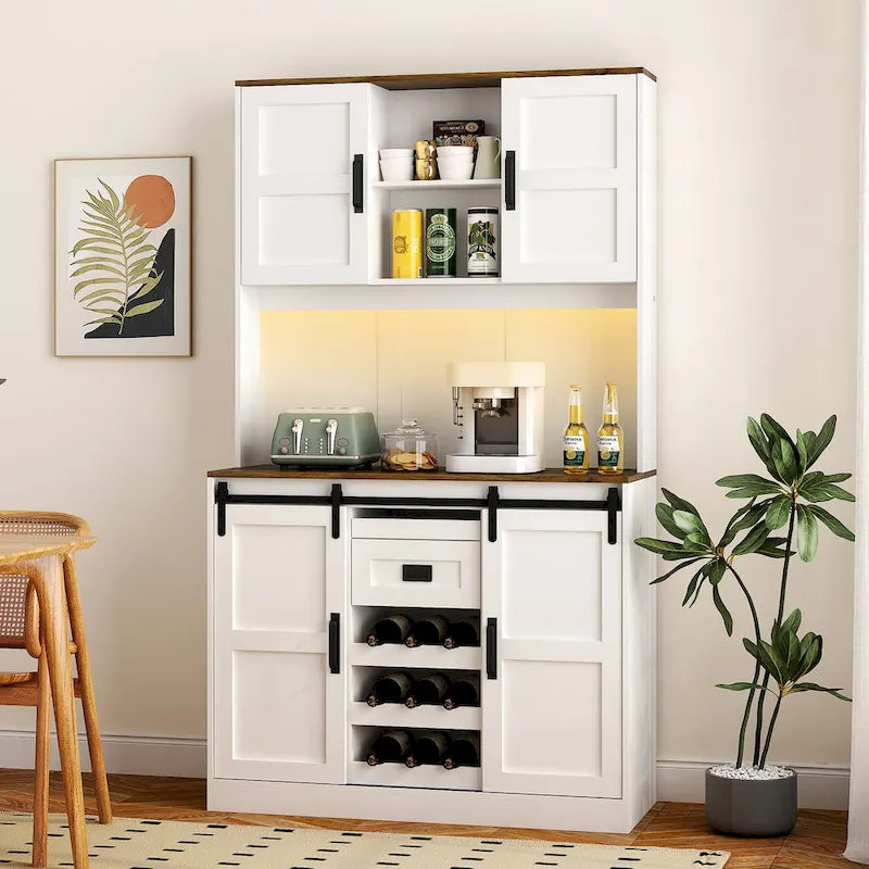 Meuble bar de style ferme avec porte coulissante de grange, grand buffet de cuisine rustique, table basse/bar, blanc