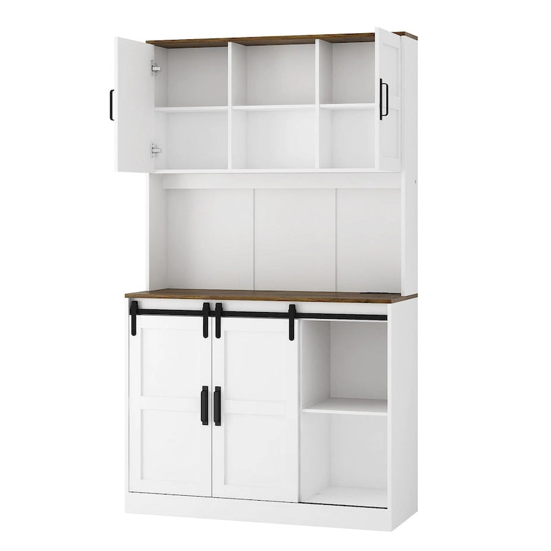 Meuble bar de style ferme avec porte coulissante de grange, grand buffet de cuisine rustique, table basse/bar, blanc