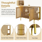 Meuble de salle à manger élégant à 2 portes incurvées avec garniture dorée et portes en rotin tressé pour salle à manger