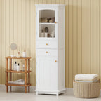 Armoire de rangement de salle de bain haute et autoportante avec portes vitrées et deux tiroirs