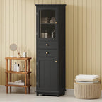 Armoire de rangement de salle de bain haute et autoportante avec portes vitrées et deux tiroirs