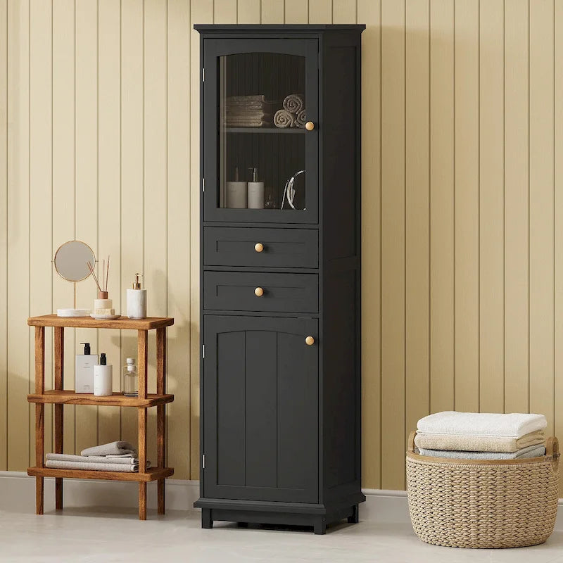 Armoire de rangement de salle de bain haute et autoportante avec portes vitrées et deux tiroirs
