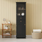 Armoire de rangement de salle de bain haute et autoportante avec portes vitrées et deux tiroirs