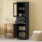 Armoire de rangement de salle de bain haute et autoportante avec portes vitrées et deux tiroirs