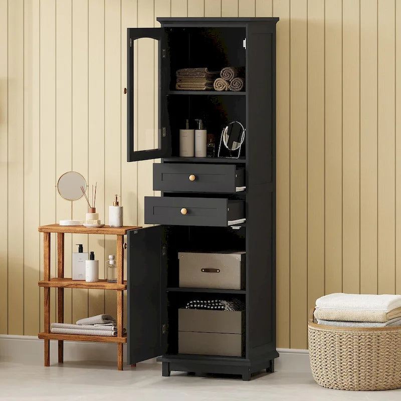 Armoire de rangement de salle de bain haute et autoportante avec portes vitrées et deux tiroirs