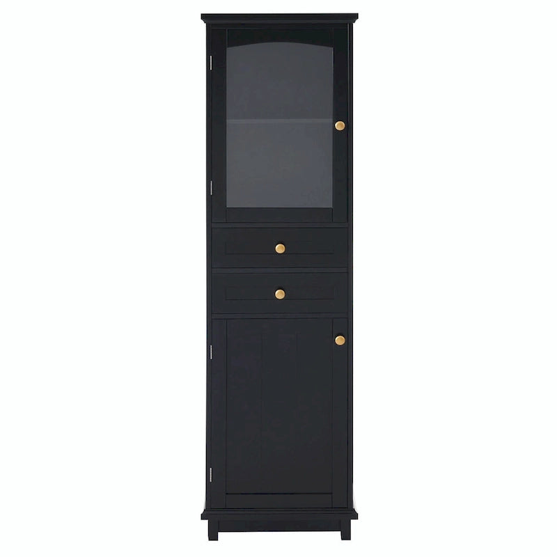 Armoire de rangement de salle de bain haute et autoportante avec portes vitrées et deux tiroirs