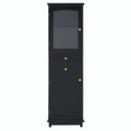 Armoire de rangement de salle de bain haute et autoportante avec portes vitrées et deux tiroirs