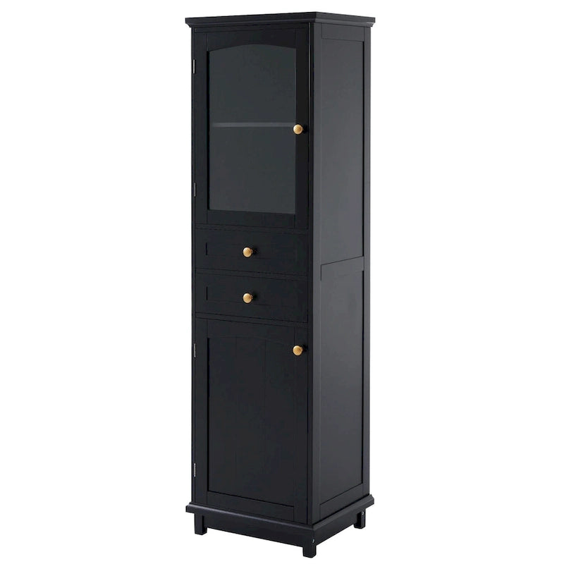 Armoire de rangement de salle de bain haute et autoportante avec portes vitrées et deux tiroirs