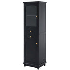Armoire de rangement de salle de bain haute et autoportante avec portes vitrées et deux tiroirs