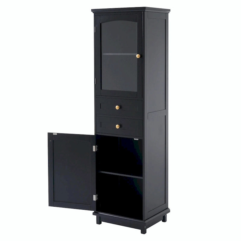 Armoire de rangement de salle de bain haute et autoportante avec portes vitrées et deux tiroirs