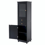 Armoire de rangement de salle de bain haute et autoportante avec portes vitrées et deux tiroirs