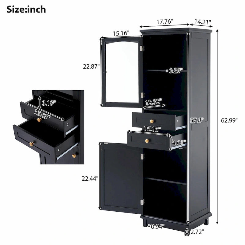 Armoire de rangement de salle de bain haute et autoportante avec portes vitrées et deux tiroirs