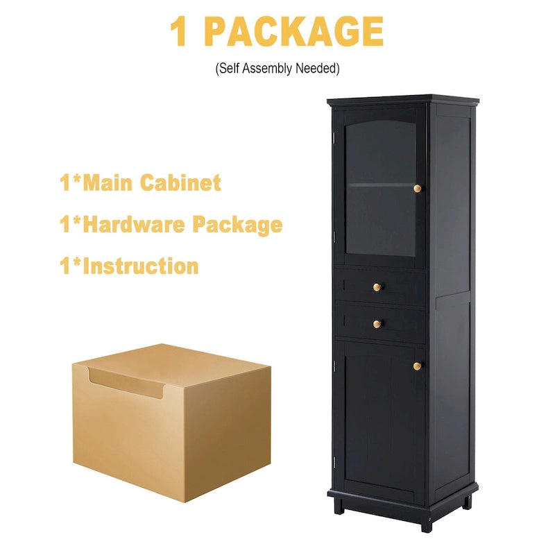Armoire de rangement de salle de bain haute et autoportante avec portes vitrées et deux tiroirs