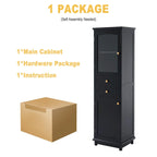 Armoire de rangement de salle de bain haute et autoportante avec portes vitrées et deux tiroirs