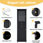 Armoire de rangement de salle de bain haute et autoportante avec portes vitrées et deux tiroirs