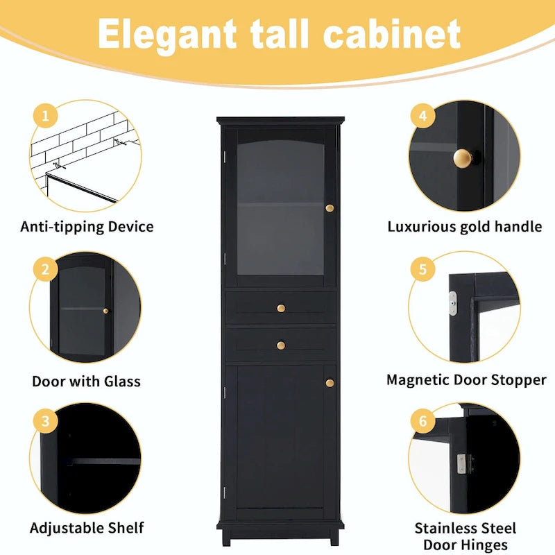 Armoire de rangement de salle de bain haute et autoportante avec portes vitrées et deux tiroirs