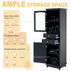 Armoire de rangement de salle de bain haute et autoportante avec portes vitrées et deux tiroirs