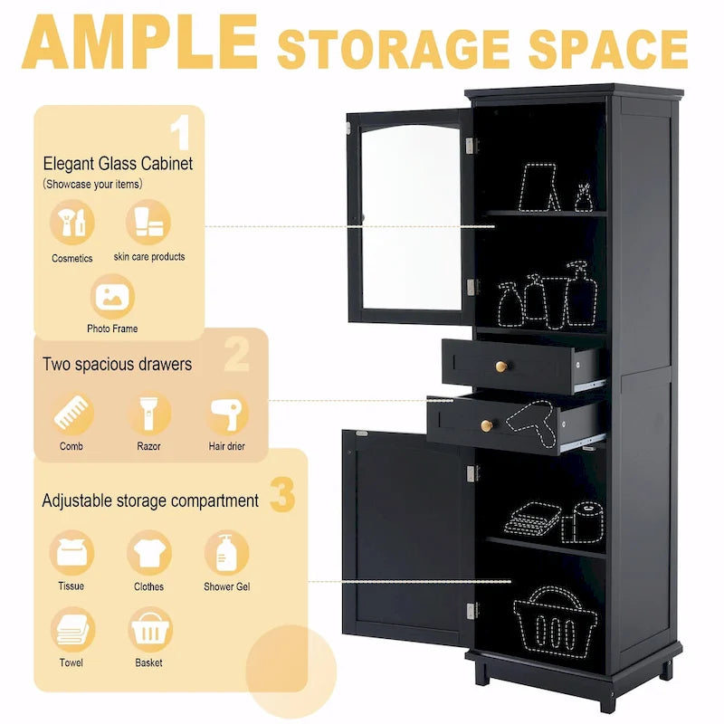 Armoire de rangement de salle de bain haute et autoportante avec portes vitrées et deux tiroirs