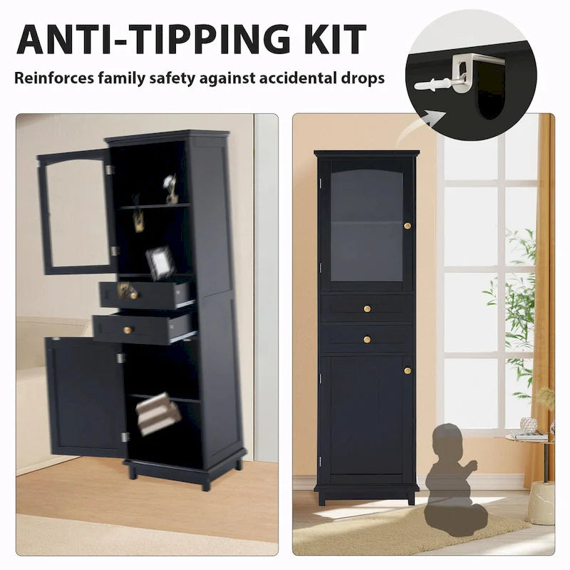 Armoire de rangement de salle de bain haute et autoportante avec portes vitrées et deux tiroirs