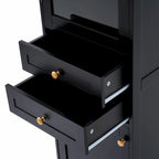 Armoire de rangement de salle de bain haute et autoportante avec portes vitrées et deux tiroirs