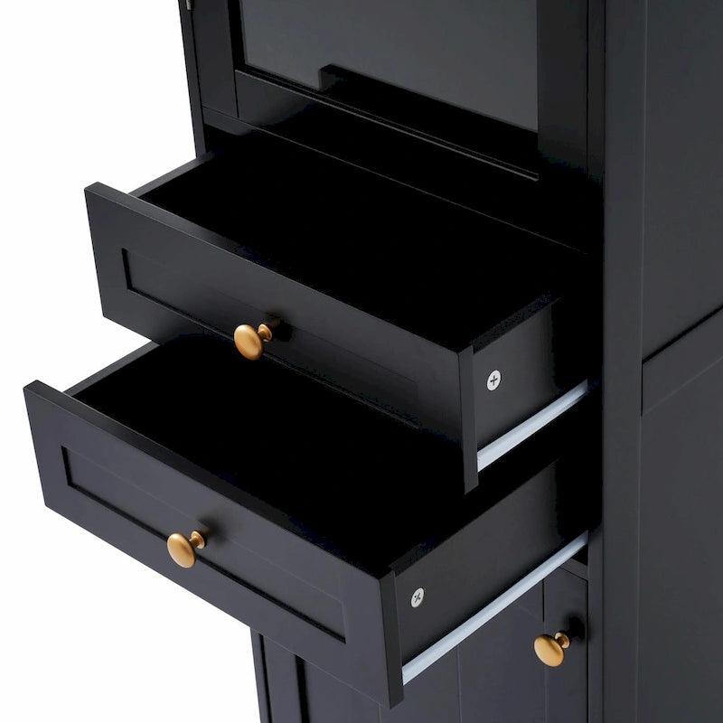 Armoire de rangement de salle de bain haute et autoportante avec portes vitrées et deux tiroirs