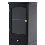 Armoire de rangement de salle de bain haute et autoportante avec portes vitrées et deux tiroirs
