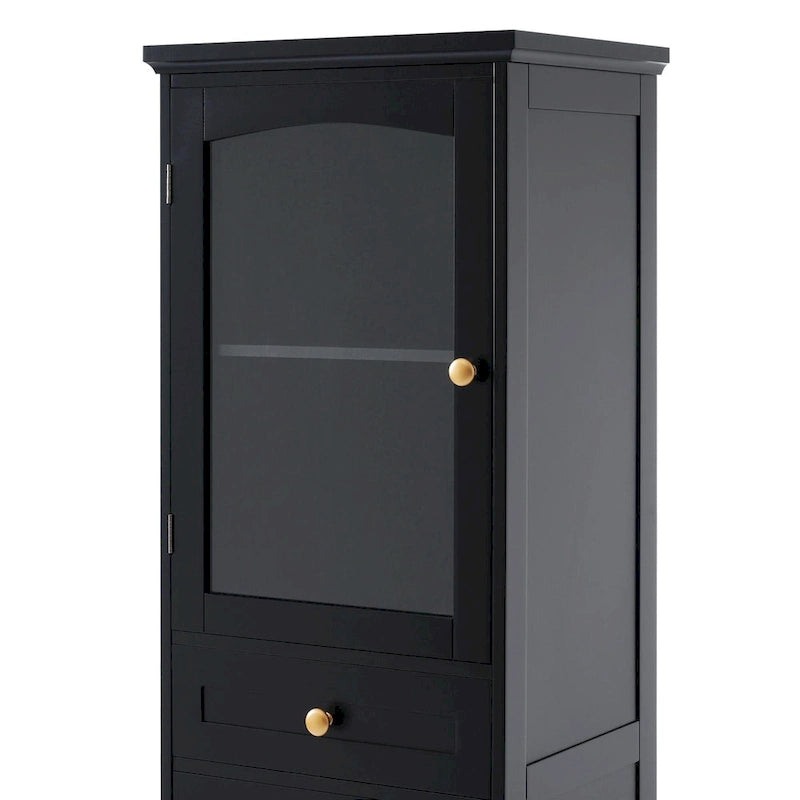 Armoire de rangement de salle de bain haute et autoportante avec portes vitrées et deux tiroirs