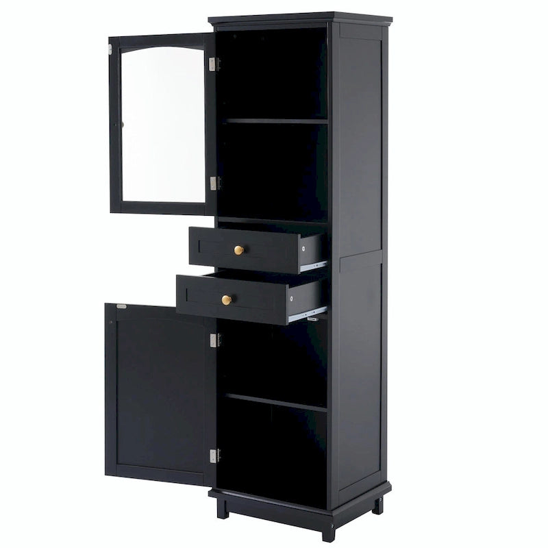 Armoire de rangement de salle de bain haute et autoportante avec portes vitrées et deux tiroirs