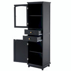Armoire de rangement de salle de bain haute et autoportante avec portes vitrées et deux tiroirs
