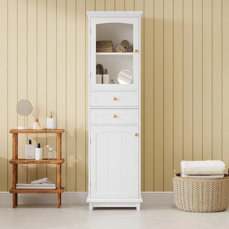 Armoire de rangement de salle de bain haute et autoportante avec portes vitrées et deux tiroirs