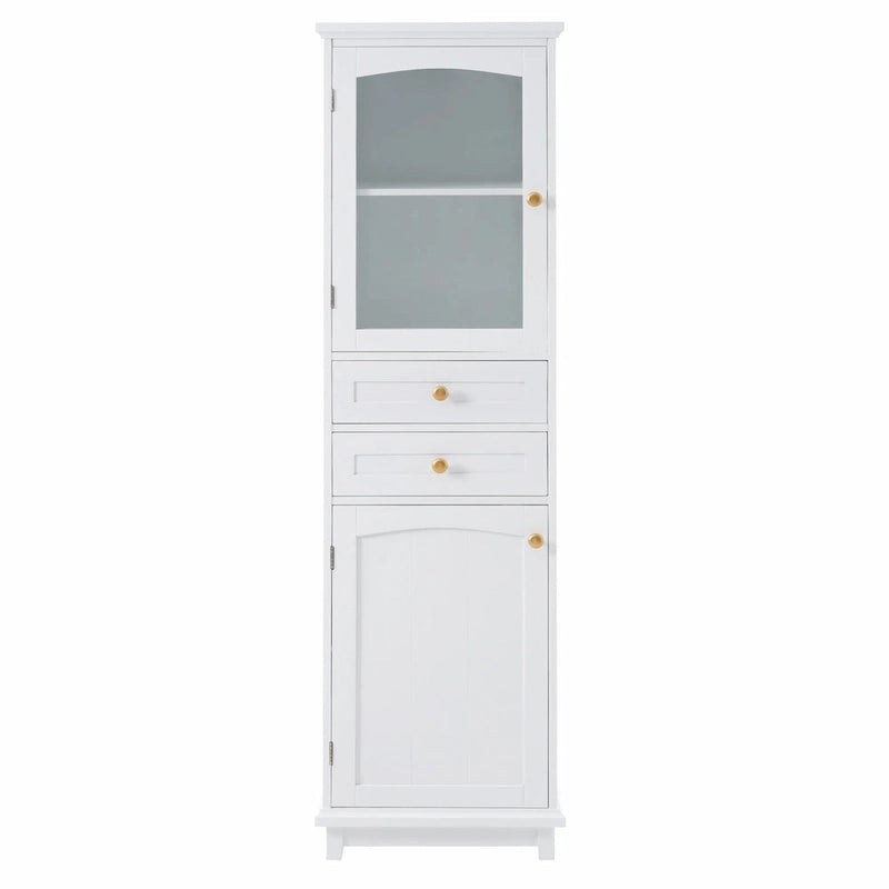 Armoire de rangement de salle de bain haute et autoportante avec portes vitrées et deux tiroirs