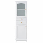 Armoire de rangement de salle de bain haute et autoportante avec portes vitrées et deux tiroirs